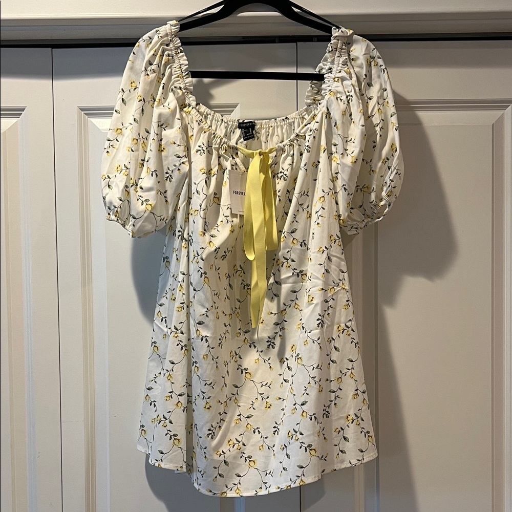 Floral Puff Sleeve Dress with Yellow Bow